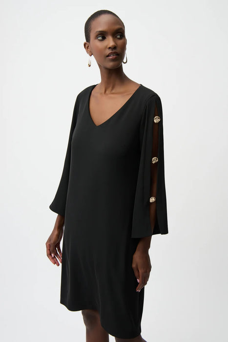 Joseph Ribkoff 261085 Black Gold Trim 3/4 Slit Sleeves Dress