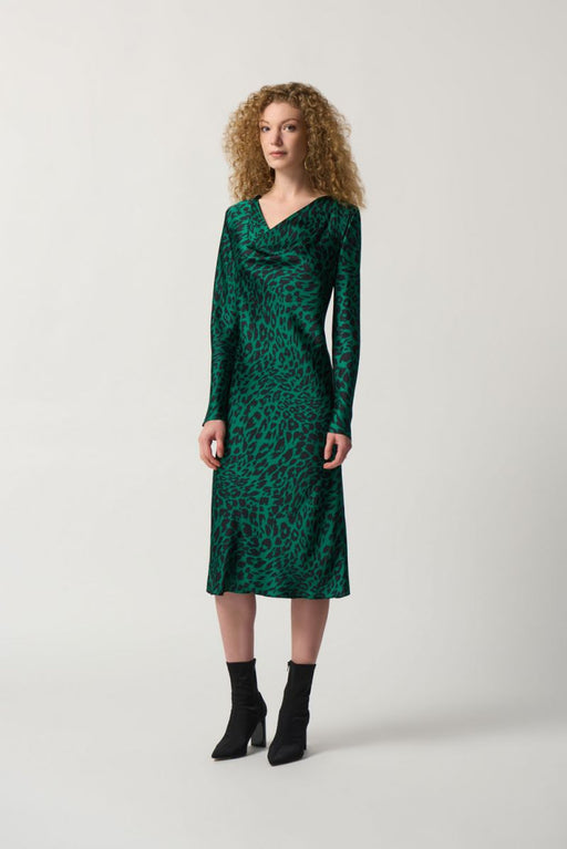 Joseph Ribkoff Style 233115 Black/Green Animal Print Cowl Neck Midi Dress