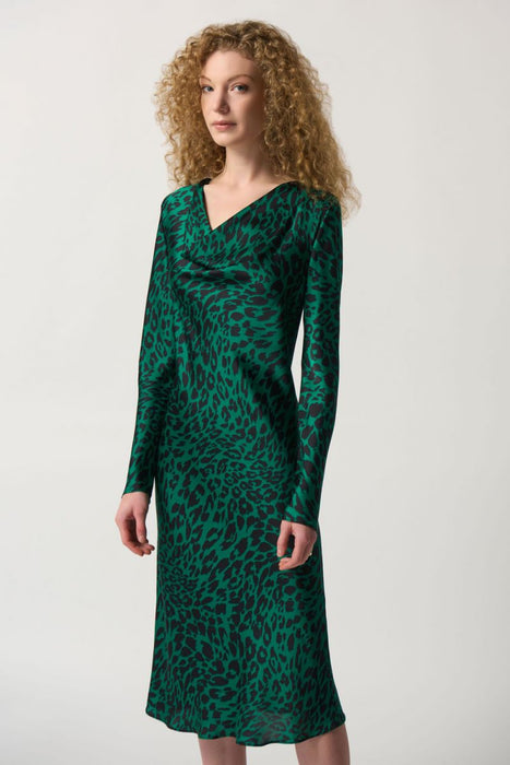 Joseph Ribkoff Black/Green Animal Print Cowl Neck Midi Dress 233115