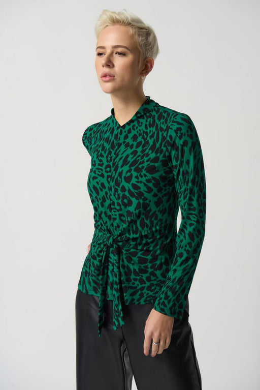 Joseph Ribkoff Style 233256 Black/Green Animal Print Tie Front Long Sleeve Top