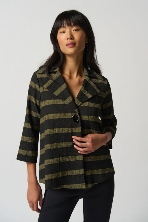 Joseph Ribkoff Style 233125 Black/Green Striped Crinkled 3/4 Sleeve Blazer Jacket