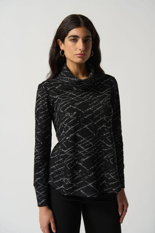 Joseph Ribkoff 233146 Black/Grey Abstract Jacquard Cowl Neck Sweater Top