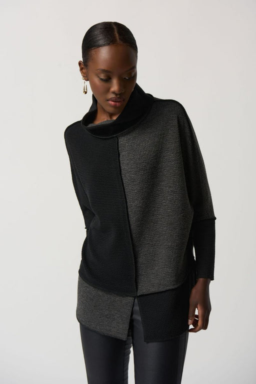 Joseph Ribkoff 233205 Black/Grey Color Block Cowl Neck Boxy Knit Sweater Top