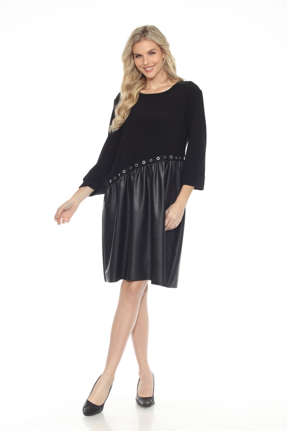 Joseph Ribkoff Black Grommet Accent Faux Leather Shift Dress 243001 — AfterRetail