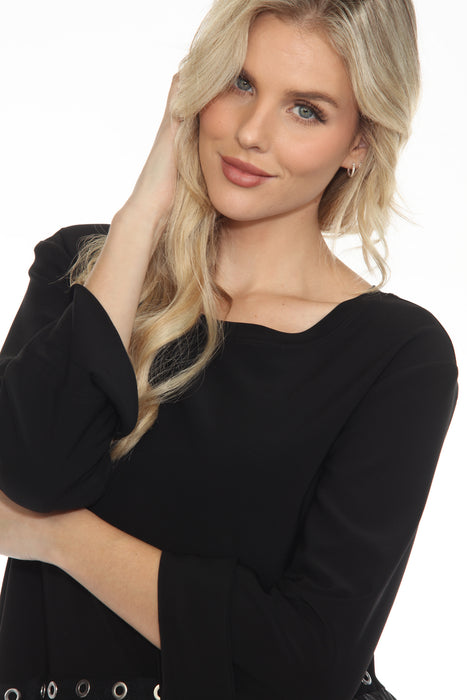 Joseph Ribkoff Black Grommet Accent Faux Leather Shift Dress 243001 AfterRetail Joseph Ribkoff Black Grommet Accent Faux Leather Shift Dress 243001 AfterRetail