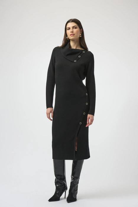 Woman wearing a black sweater knit midi sheath dress with grommet details on the cowl neckline and side from Joseph Ribkoff