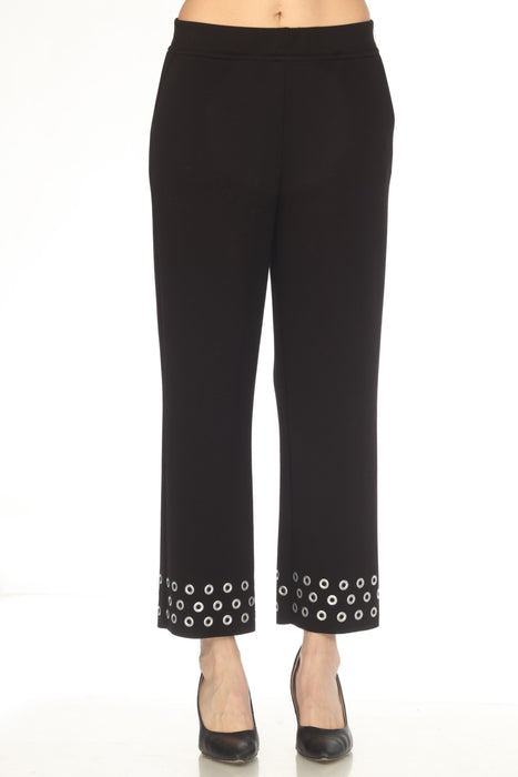 Woman wearing a black relaxed straight pant with elastic waist and grommet details from Joseph Ribkoff