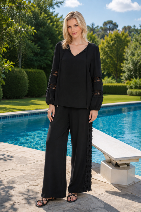 Joseph Ribkoff Black Guipure Lace Inset Wide-Leg Pants 262184