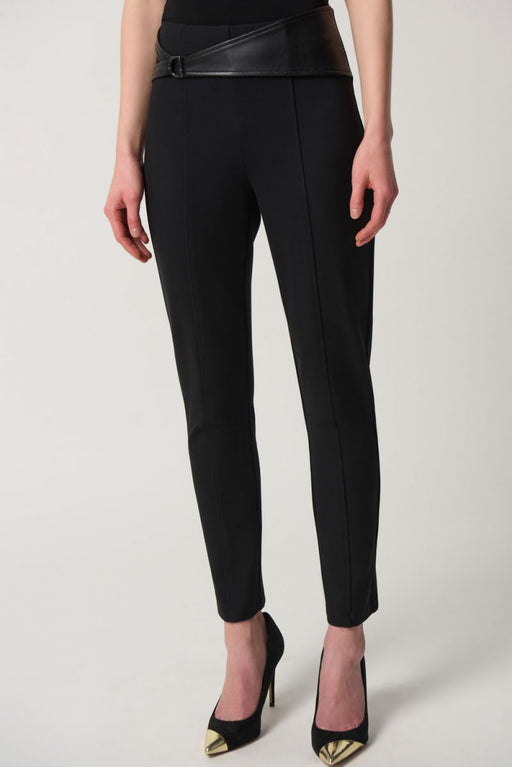 Joseph Ribkoff Style 233162 Black Heavy Knit Faux Leather Detail Pull On Ankle Pants