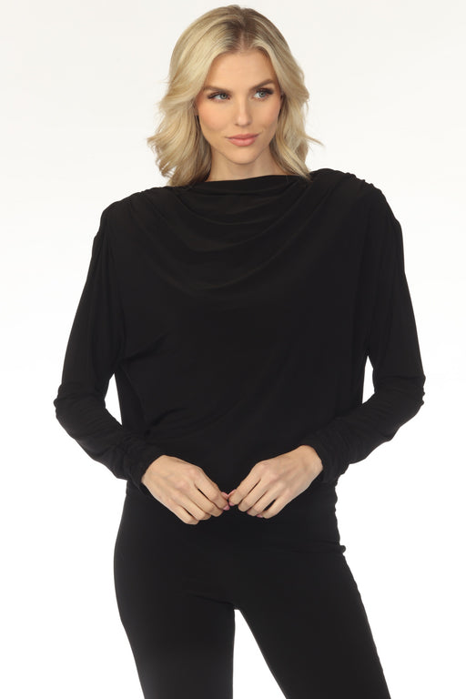 Woman wearing a black high neck top with long dolman sleeves from Joseph Ribkoff