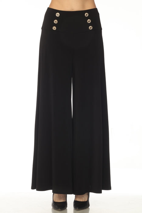 Woman wearing a black flared sailor pants with button details from Joseph Ribkoff