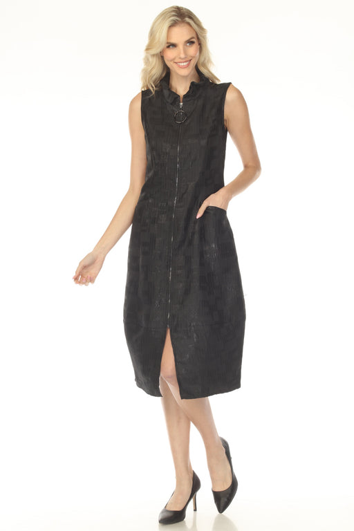 Woman wearing a black sleeveless jacquard dress with zip front and side pockets from Joseph Ribkoff