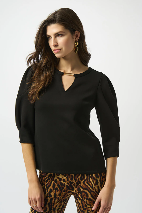 Joseph Ribkoff 253048 Black Keyhole Neckline 3/4 Puffed Sleeves Top