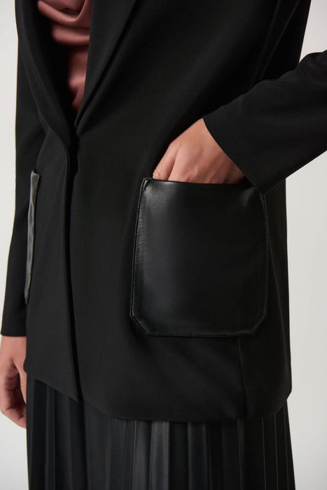 Joseph Ribkoff Black Faux Leather Pockets Long Sleeve Blazer Jacket 233108