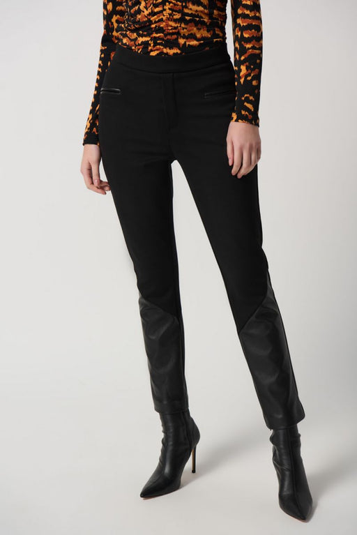 Joseph Ribkoff Style 234036 Black Knit Faux Leather Pull On Slim Ankle Pants