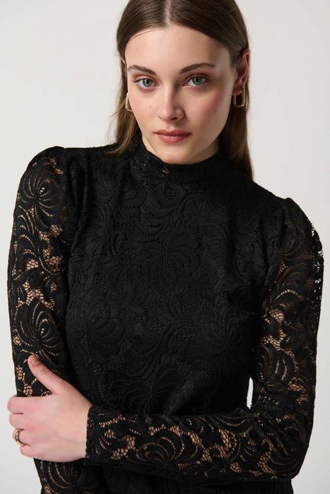 Joseph Ribkoff Black Lace Mock Neck Long Sleeve Fitted Top 234253 NEW