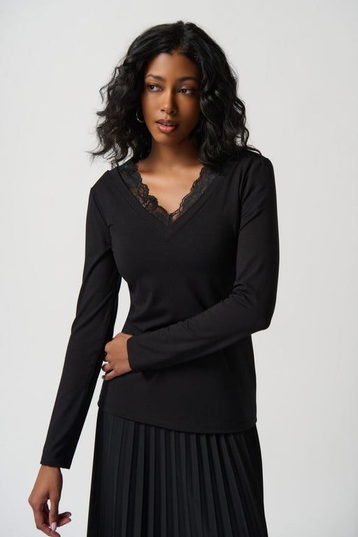 Joseph Ribkoff Style 234089 Black Lace Trim V-Neck Long Sleeve Fitted Tunic Top