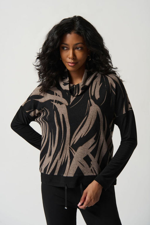 Joseph Ribkoff Style 234192 Black/Latte Abstract Print Cowl Neck Knit Sweater Top
