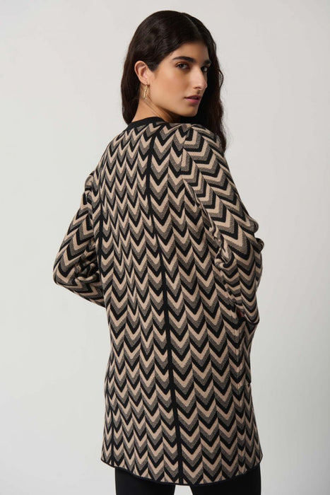 Joseph Ribkoff Black/Latte Chevron Knit Zip-Up Sweater Cover-Up Jacket 234913 NEW