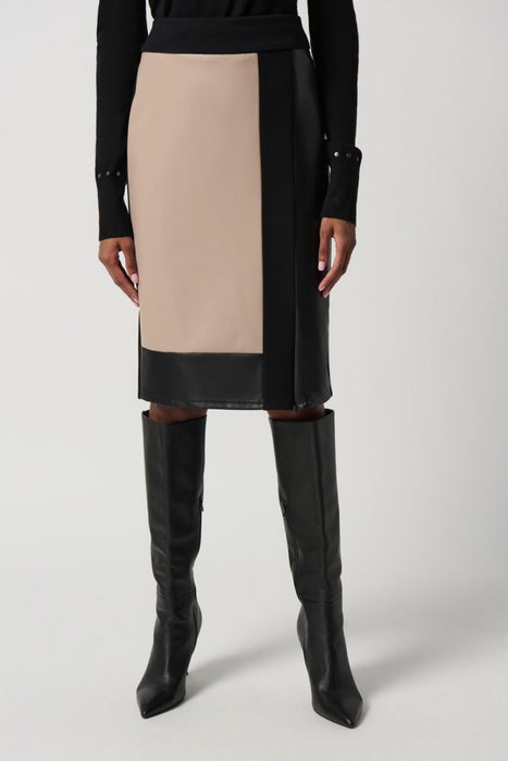 Joseph Ribkoff Style 234164 Black/Latte Color Block Faux Leather Pencil Skirt