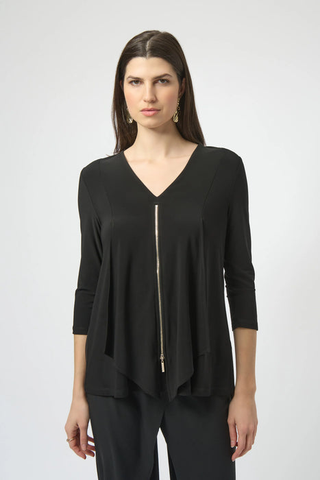 Joseph Ribkoff Style 251041 Black Layered Zip Front 3/4 Sleeve V-Neck Top