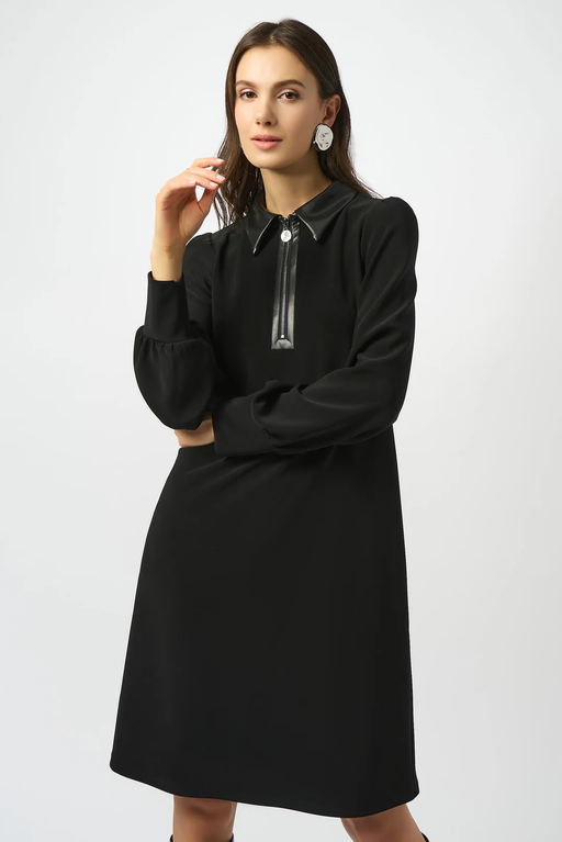 Joseph Ribkoff 253164 Black Leatherette Long Puffed Sleeves Trapeze Dress