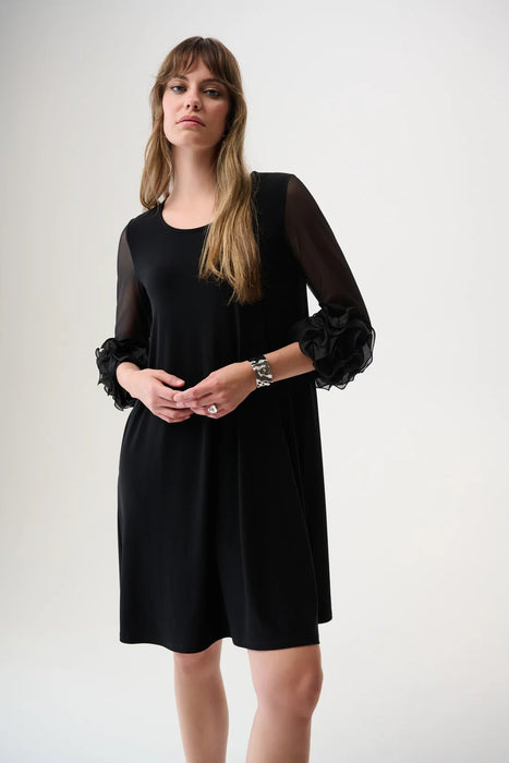 Joseph Ribkoff Black Mesh Ruffled Sleeves A-Line Dress 261212