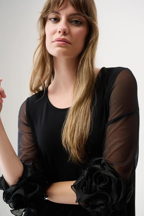 Joseph Ribkoff Black Mesh Ruffled Sleeves A-Line Dress 261212