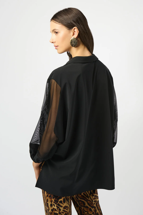 Joseph Ribkoff Black Mesh Collared 3/4 Puff Sleeves Top 253205