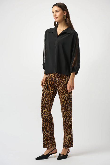 Joseph Ribkoff Black Mesh Collared 3/4 Puff Sleeves Top 253205