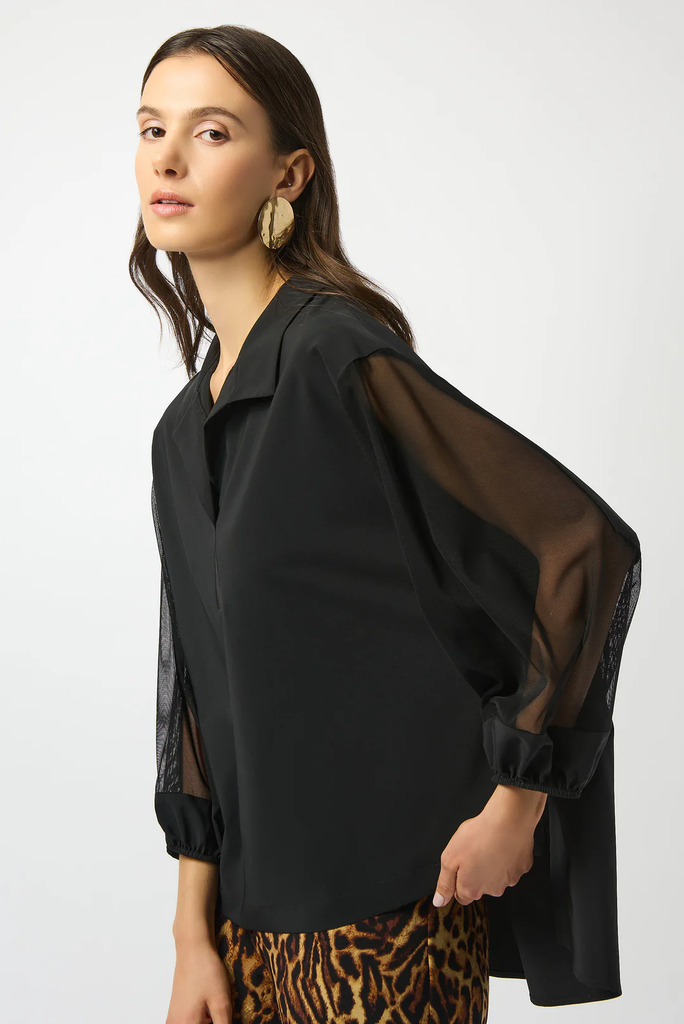 トップス RUFFO Joseph Ribkoff Black Mesh Collared 3/4 Puff Sleeves Top 253205