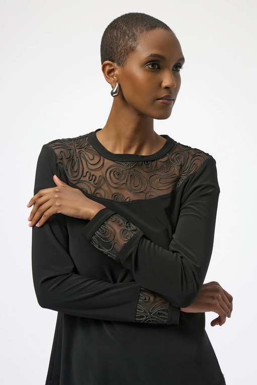 Joseph Ribkoff 254213 Black Mesh Crew Neck Long Sleeves Fitted Top