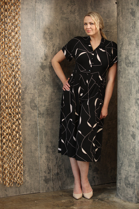 Joseph Ribkoff Black/Moonstone Abstract Print Cropped Jumpsuit 251195