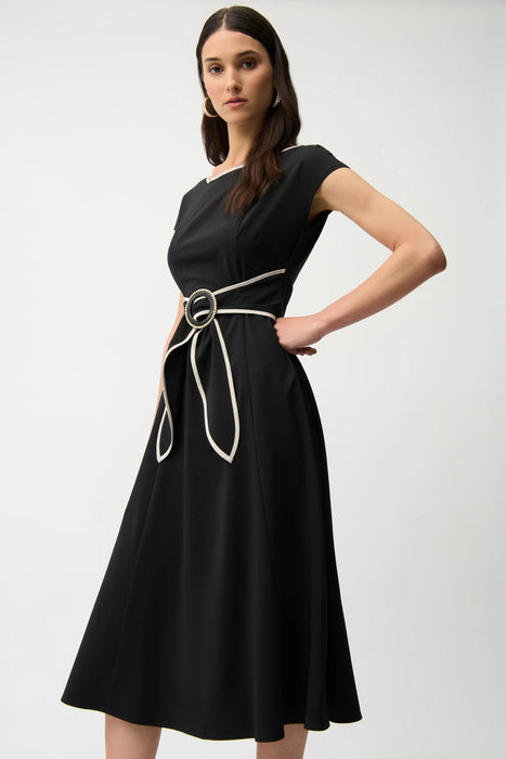 Joseph Ribkoff Black/Moonstone Buckle Detail Fit and Flare Dress 261051