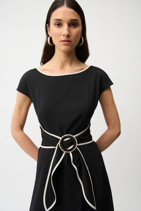 Joseph Ribkoff Black/Moonstone Buckle Detail Fit and Flare Dress 261051