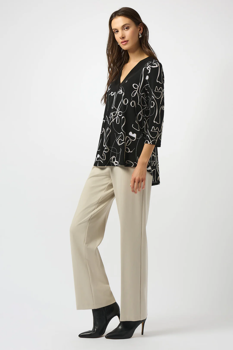 Joseph Ribkoff Black/Moonstone Face Print V-Neck 3/4 Sleeves Asymmetric Top 253138