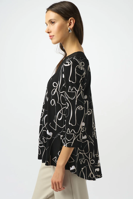 Joseph Ribkoff 253138 Black/Moonstone Face Print Asymmetric Top