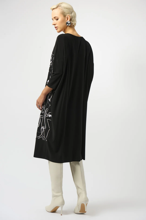 Joseph Ribkoff Black/Moonstone Face Print Boat Neck 3/4 Sleeves Cocoon Dress 253130