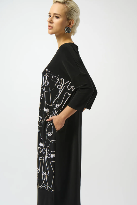 Joseph Ribkoff Black/Moonstone Face Print Boat Neck 3/4 Sleeves Cocoon Dress 253130
