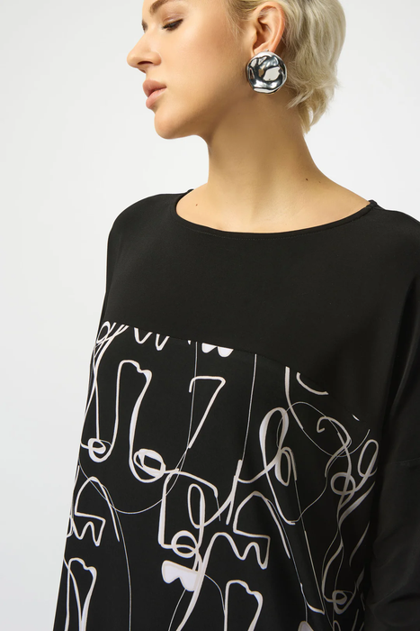 Joseph Ribkoff Black/Moonstone Face Print Boat Neck 3/4 Sleeves Cocoon Dress 253130