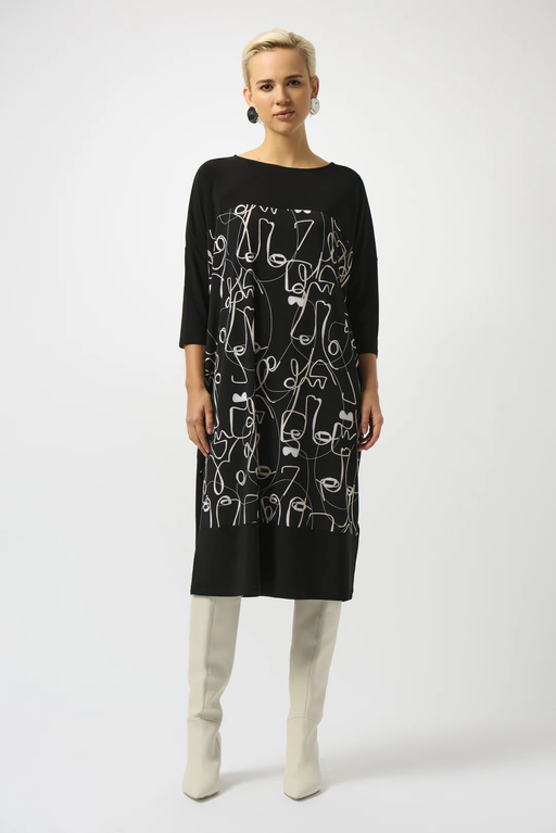 Joseph Ribkoff 253130 Black/Moonstone Face Print Boat Neck 3/4 Sleeves Cocoon Dress