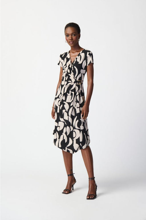 Joseph Ribkoff Style 241029 Black/Moonstone Geometric Print Asymmetric Faux Wrap Dress