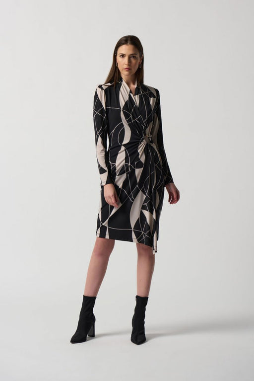 Joseph Ribkoff Style 233104 Black/Moonstone Geometric Print Faux Wrap Sheath Dress