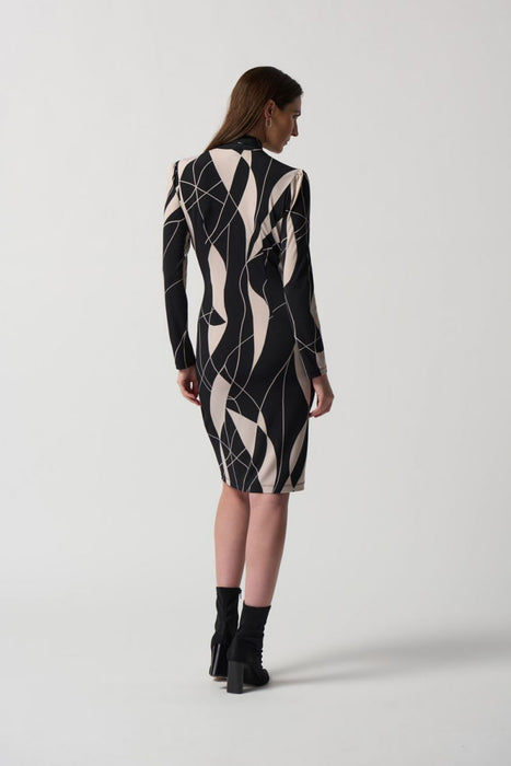 Joseph Ribkoff Black/Moonstone Geometric Print Faux Wrap Sheath Dress 233104