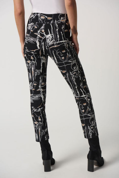 Joseph Ribkoff Black/Multi Abstract Face Print Pull On Cropped Pants 233278 NEW