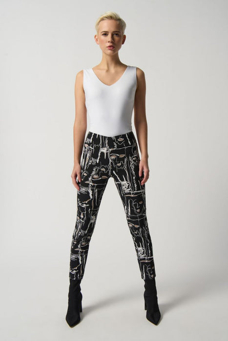 Joseph Ribkoff Black/Multi Abstract Face Print Pull On Cropped Pants 233278 NEW