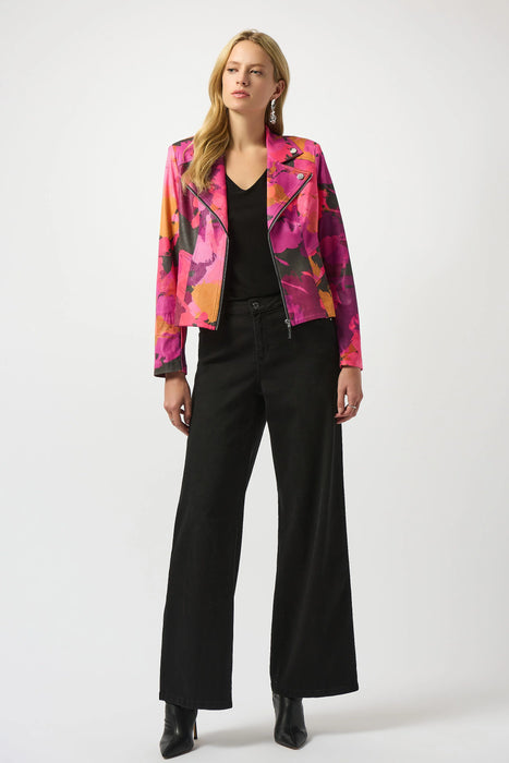 Joseph Ribkoff Black/Multi Abstract Faux Suede Moto Jacket 253954