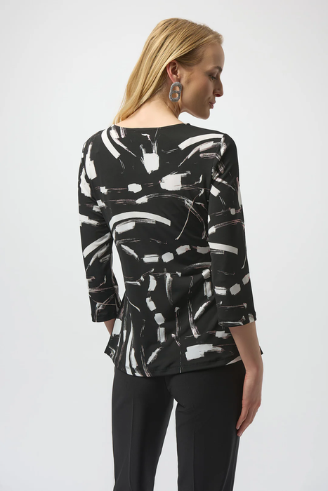 Joseph Ribkoff Black/Multi Abstract Print 3/4 Sleeves Asymmetrical Top 254165
