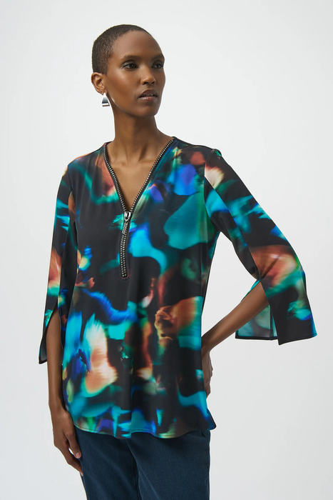 Joseph Ribkoff 254204 Black/Multi Abstract Print 3/4 Sleeves Fit And Flare Tunic Top