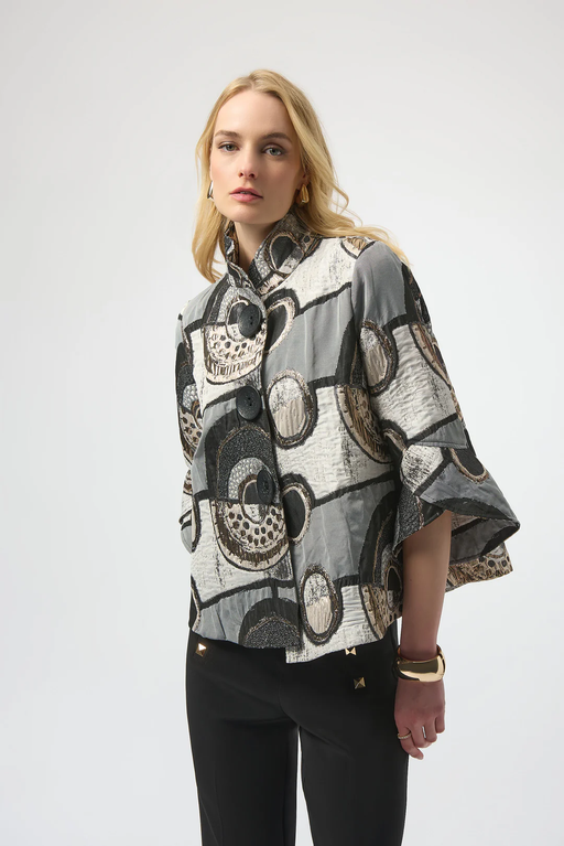 Joseph Ribkoff 254003 Black/Multi Abstract Print 3/4 Sleeves Trapeze Jacket